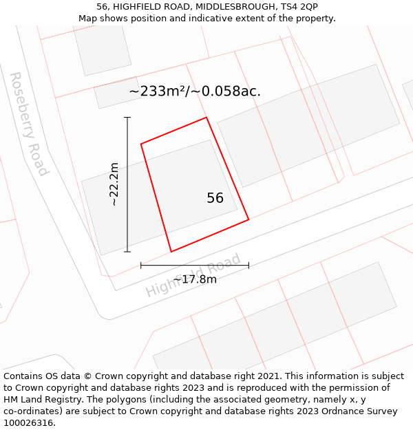 56, HIGHFIELD ROAD, MIDDLESBROUGH, TS4 2QP: Plot and title map