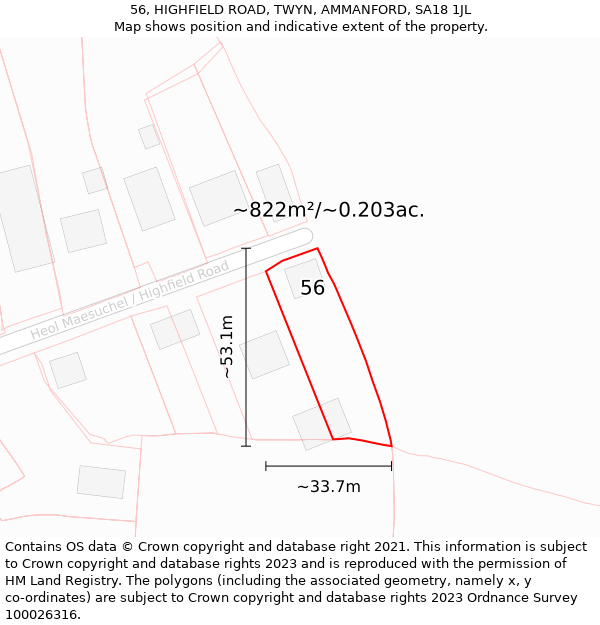 56, HIGHFIELD ROAD, TWYN, AMMANFORD, SA18 1JL: Plot and title map