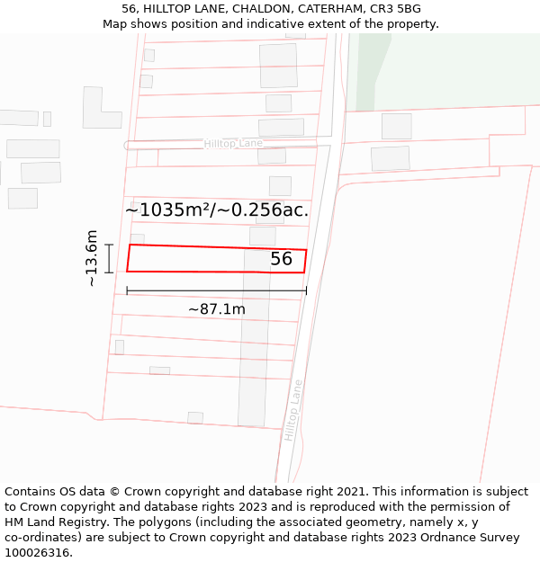 56, HILLTOP LANE, CHALDON, CATERHAM, CR3 5BG: Plot and title map