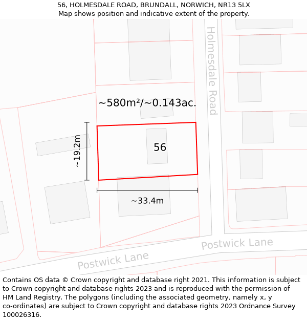 56, HOLMESDALE ROAD, BRUNDALL, NORWICH, NR13 5LX: Plot and title map