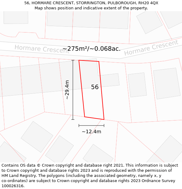 56, HORMARE CRESCENT, STORRINGTON, PULBOROUGH, RH20 4QX: Plot and title map