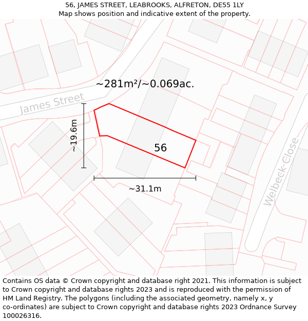 56, JAMES STREET, LEABROOKS, ALFRETON, DE55 1LY: Plot and title map