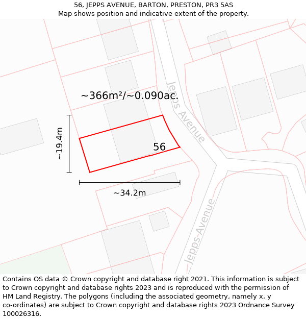 56, JEPPS AVENUE, BARTON, PRESTON, PR3 5AS: Plot and title map