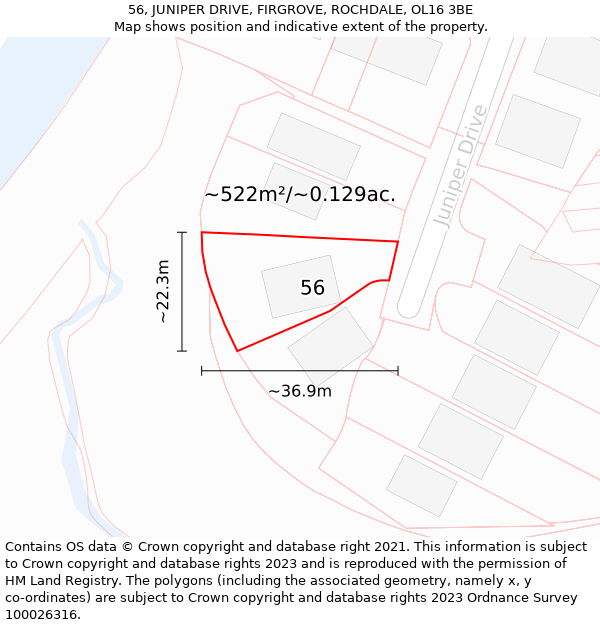 56, JUNIPER DRIVE, FIRGROVE, ROCHDALE, OL16 3BE: Plot and title map