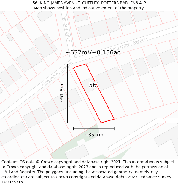 56, KING JAMES AVENUE, CUFFLEY, POTTERS BAR, EN6 4LP: Plot and title map