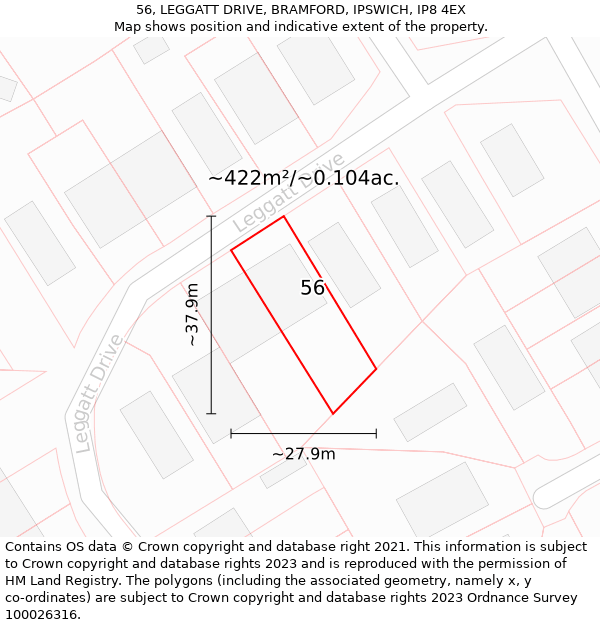 56, LEGGATT DRIVE, BRAMFORD, IPSWICH, IP8 4EX: Plot and title map