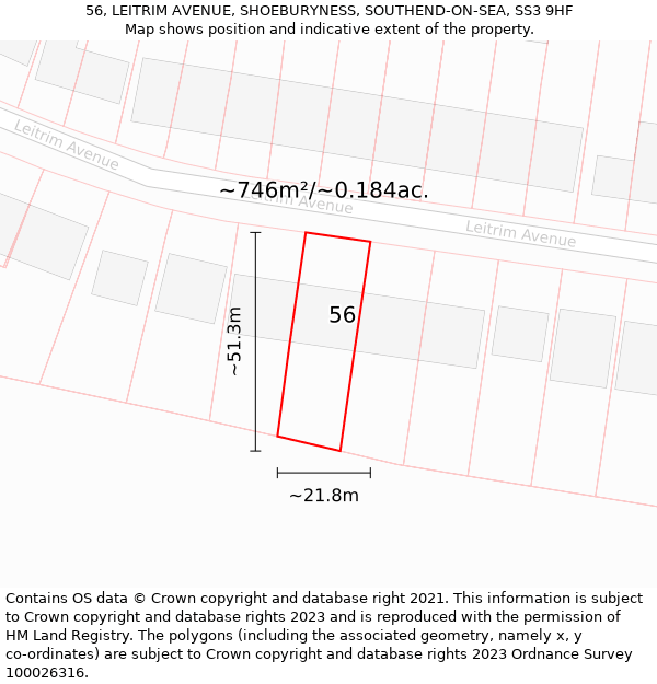 56, LEITRIM AVENUE, SHOEBURYNESS, SOUTHEND-ON-SEA, SS3 9HF: Plot and title map