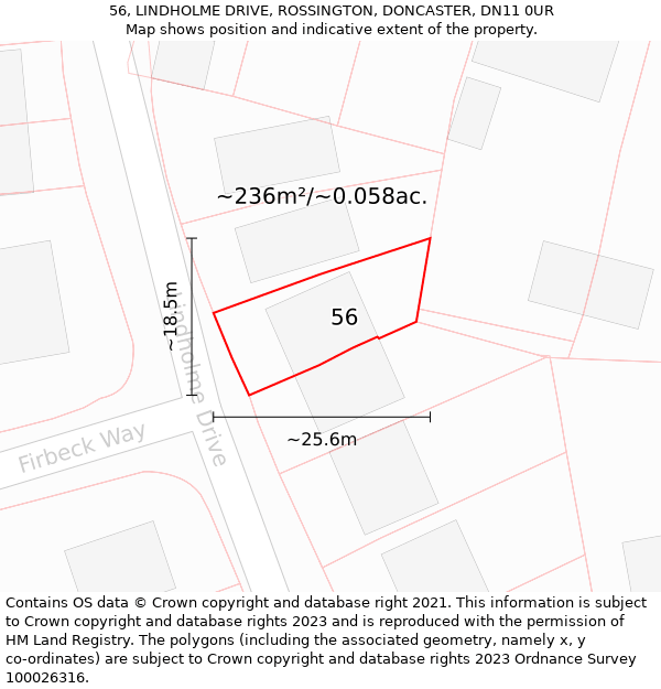 56, LINDHOLME DRIVE, ROSSINGTON, DONCASTER, DN11 0UR: Plot and title map