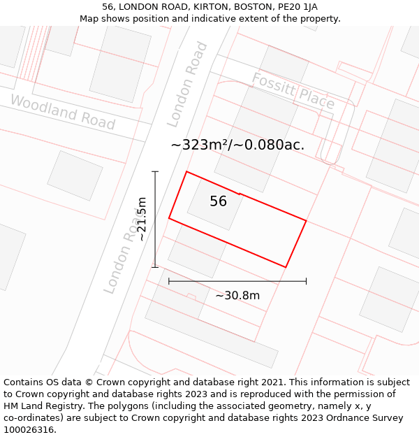 56, LONDON ROAD, KIRTON, BOSTON, PE20 1JA: Plot and title map