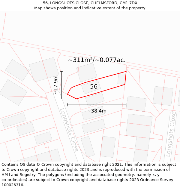 56, LONGSHOTS CLOSE, CHELMSFORD, CM1 7DX: Plot and title map