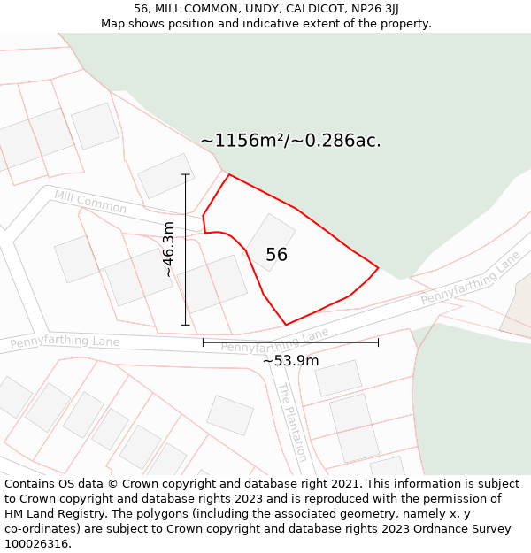 56, MILL COMMON, UNDY, CALDICOT, NP26 3JJ: Plot and title map