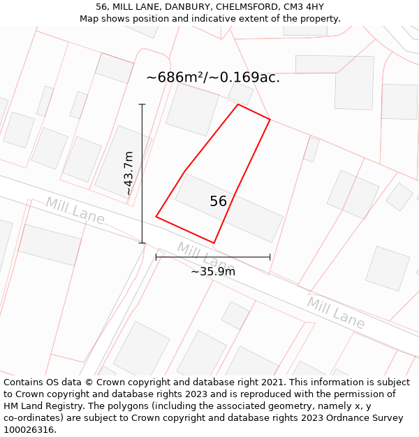 56, MILL LANE, DANBURY, CHELMSFORD, CM3 4HY: Plot and title map