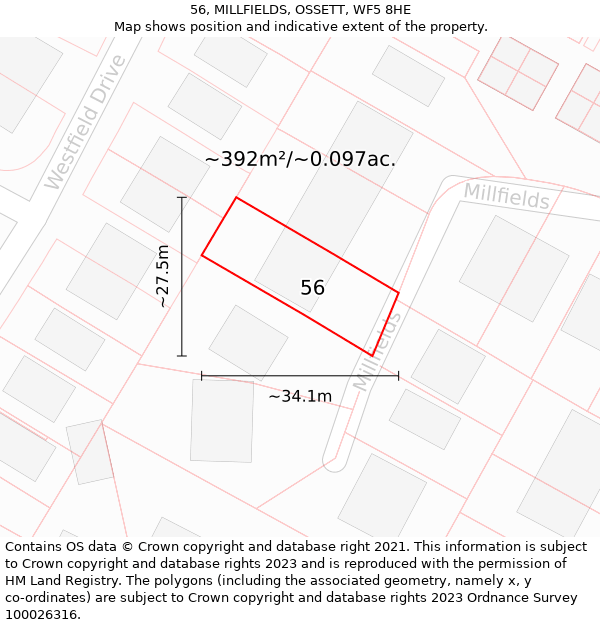 56, MILLFIELDS, OSSETT, WF5 8HE: Plot and title map