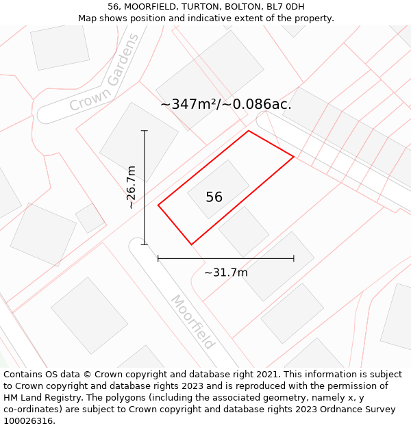 56, MOORFIELD, TURTON, BOLTON, BL7 0DH: Plot and title map