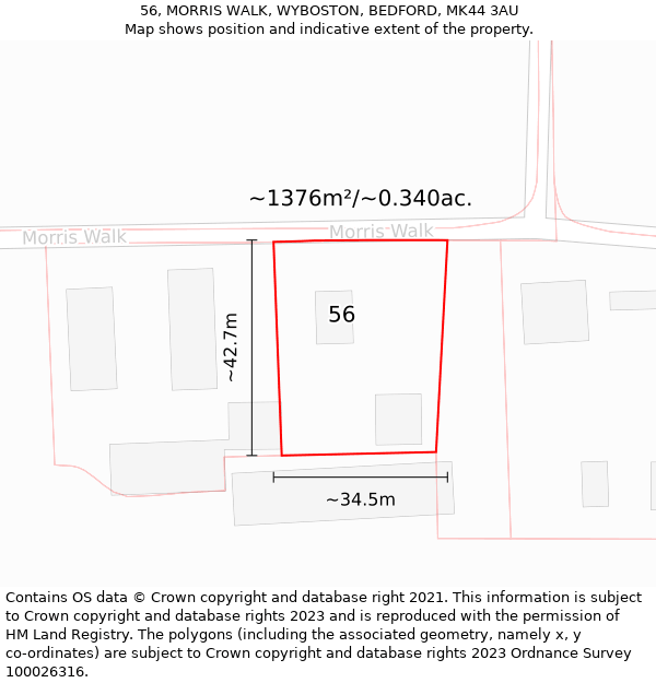 56, MORRIS WALK, WYBOSTON, BEDFORD, MK44 3AU: Plot and title map