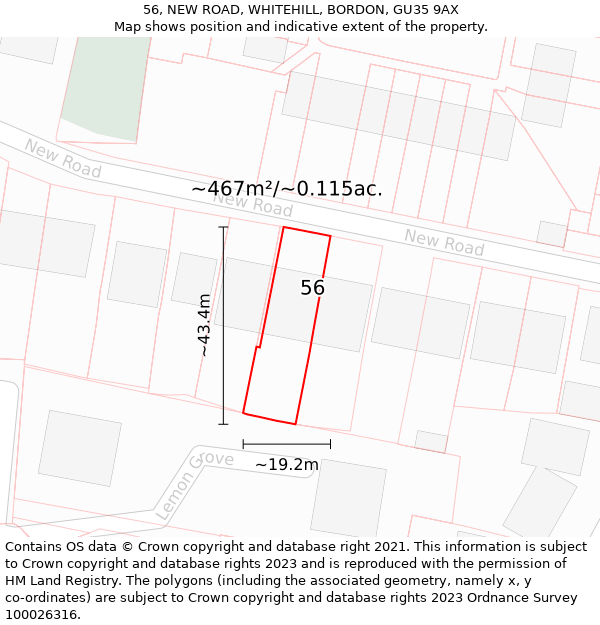 56, NEW ROAD, WHITEHILL, BORDON, GU35 9AX: Plot and title map