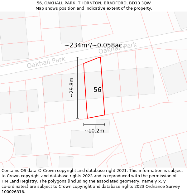 56, OAKHALL PARK, THORNTON, BRADFORD, BD13 3QW: Plot and title map