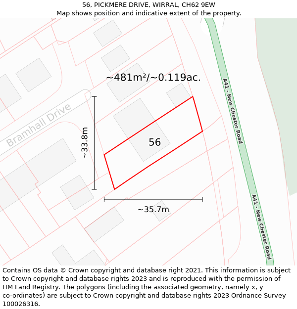 56, PICKMERE DRIVE, WIRRAL, CH62 9EW: Plot and title map