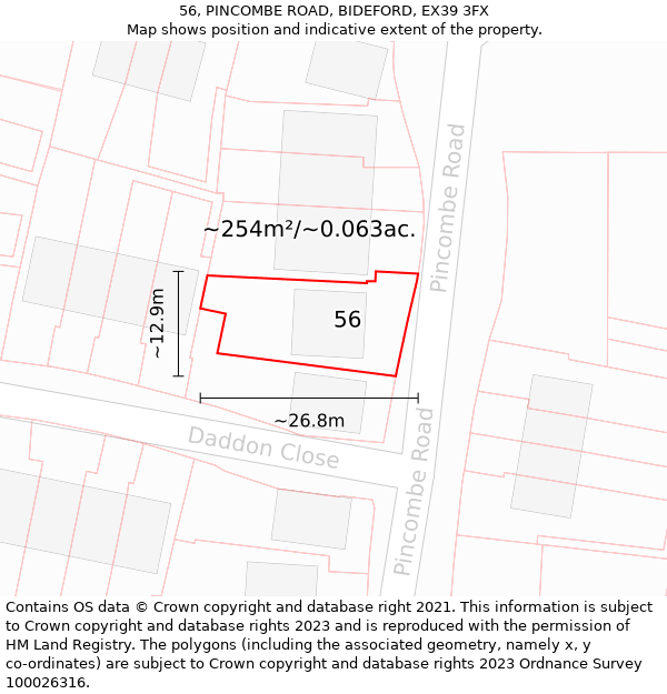 56, PINCOMBE ROAD, BIDEFORD, EX39 3FX: Plot and title map