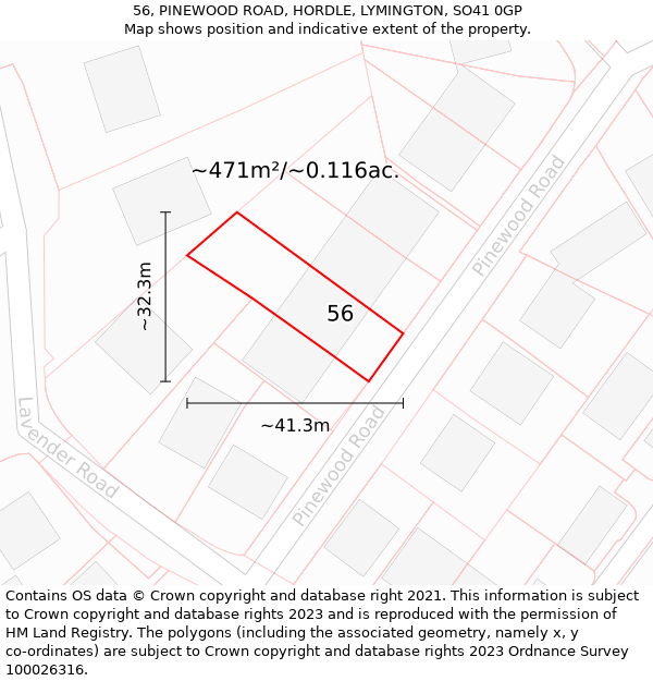 56, PINEWOOD ROAD, HORDLE, LYMINGTON, SO41 0GP: Plot and title map