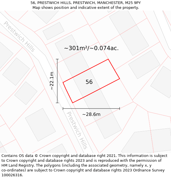 56, PRESTWICH HILLS, PRESTWICH, MANCHESTER, M25 9PY: Plot and title map