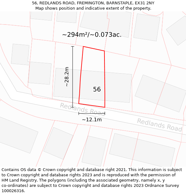 56, REDLANDS ROAD, FREMINGTON, BARNSTAPLE, EX31 2NY: Plot and title map