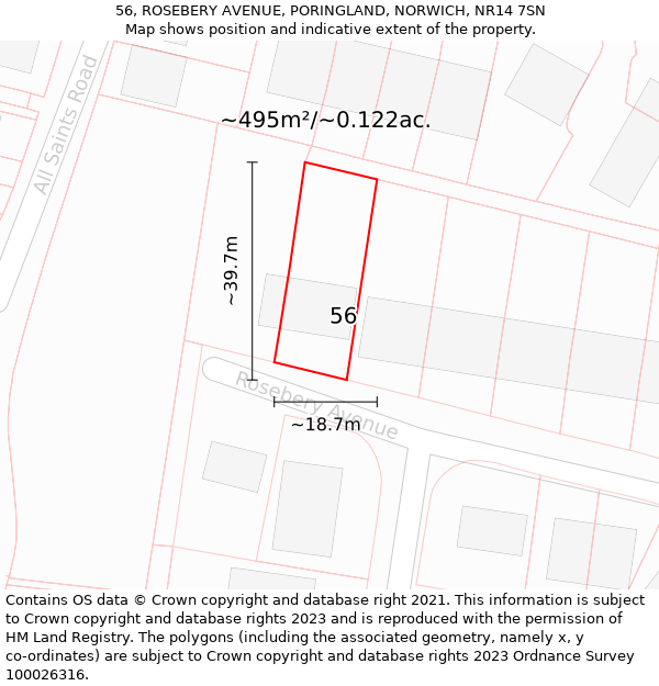 56, ROSEBERY AVENUE, PORINGLAND, NORWICH, NR14 7SN: Plot and title map