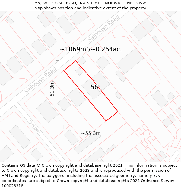 56, SALHOUSE ROAD, RACKHEATH, NORWICH, NR13 6AA: Plot and title map
