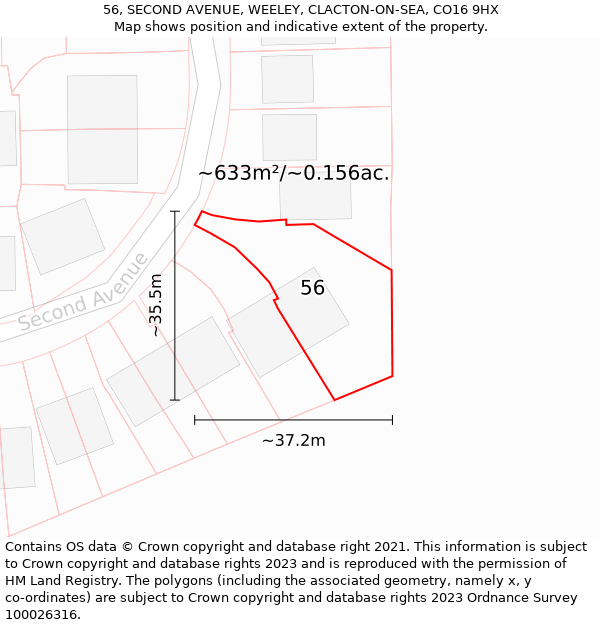 56, SECOND AVENUE, WEELEY, CLACTON-ON-SEA, CO16 9HX: Plot and title map