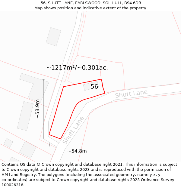 56, SHUTT LANE, EARLSWOOD, SOLIHULL, B94 6DB: Plot and title map