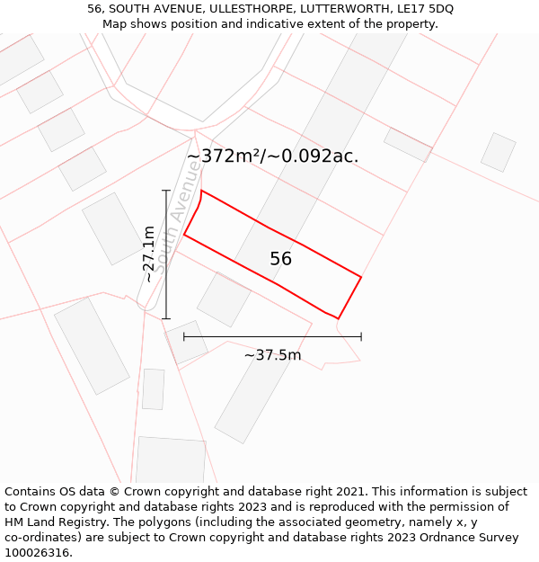 56, SOUTH AVENUE, ULLESTHORPE, LUTTERWORTH, LE17 5DQ: Plot and title map