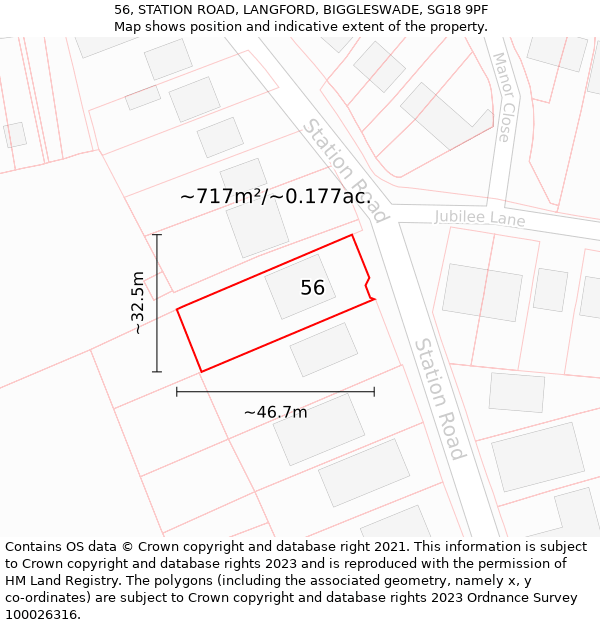 56, STATION ROAD, LANGFORD, BIGGLESWADE, SG18 9PF: Plot and title map