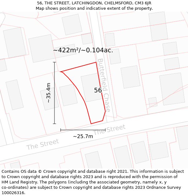 56, THE STREET, LATCHINGDON, CHELMSFORD, CM3 6JR: Plot and title map