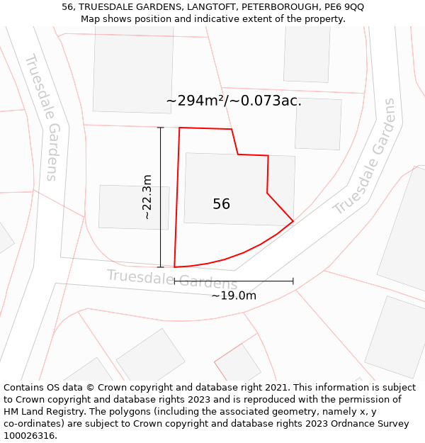 56, TRUESDALE GARDENS, LANGTOFT, PETERBOROUGH, PE6 9QQ: Plot and title map