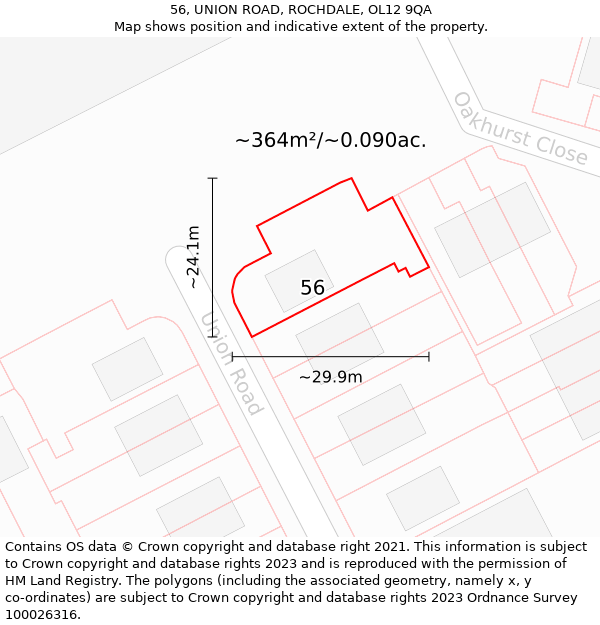 56, UNION ROAD, ROCHDALE, OL12 9QA: Plot and title map