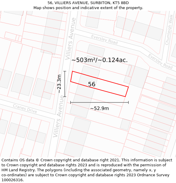 56, VILLIERS AVENUE, SURBITON, KT5 8BD: Plot and title map