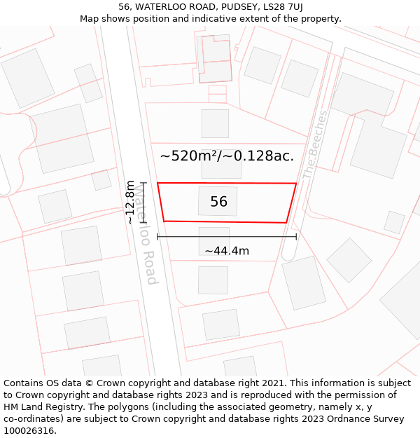 56, WATERLOO ROAD, PUDSEY, LS28 7UJ: Plot and title map