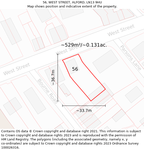 56, WEST STREET, ALFORD, LN13 9HU: Plot and title map