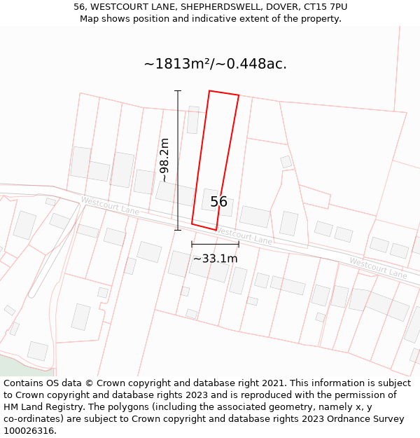 56, WESTCOURT LANE, SHEPHERDSWELL, DOVER, CT15 7PU: Plot and title map