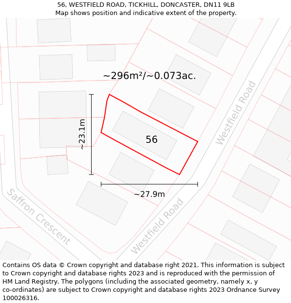 56, WESTFIELD ROAD, TICKHILL, DONCASTER, DN11 9LB: Plot and title map