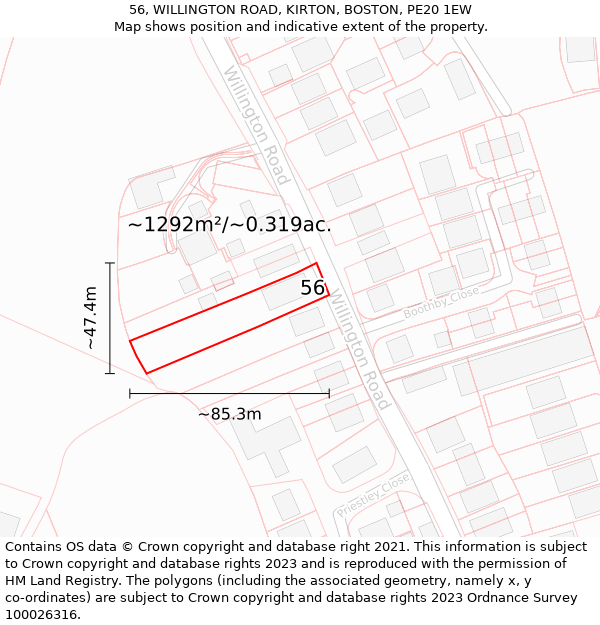 56, WILLINGTON ROAD, KIRTON, BOSTON, PE20 1EW: Plot and title map