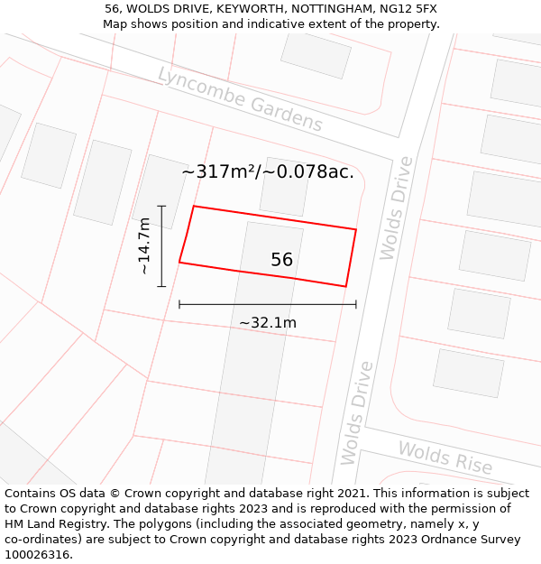 56, WOLDS DRIVE, KEYWORTH, NOTTINGHAM, NG12 5FX: Plot and title map