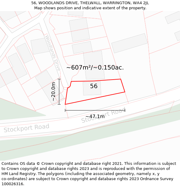 56, WOODLANDS DRIVE, THELWALL, WARRINGTON, WA4 2JL: Plot and title map