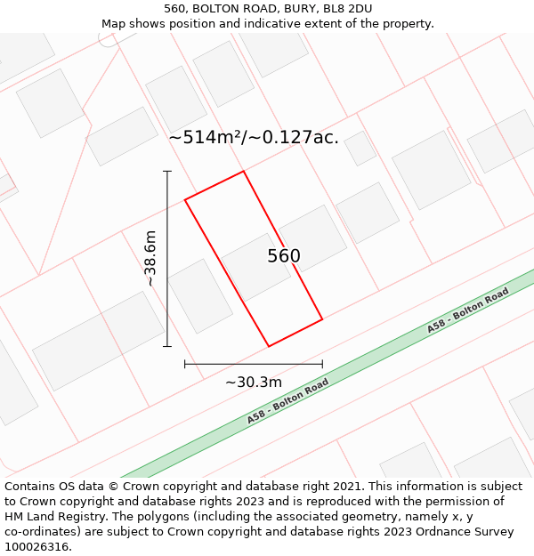 560, BOLTON ROAD, BURY, BL8 2DU: Plot and title map