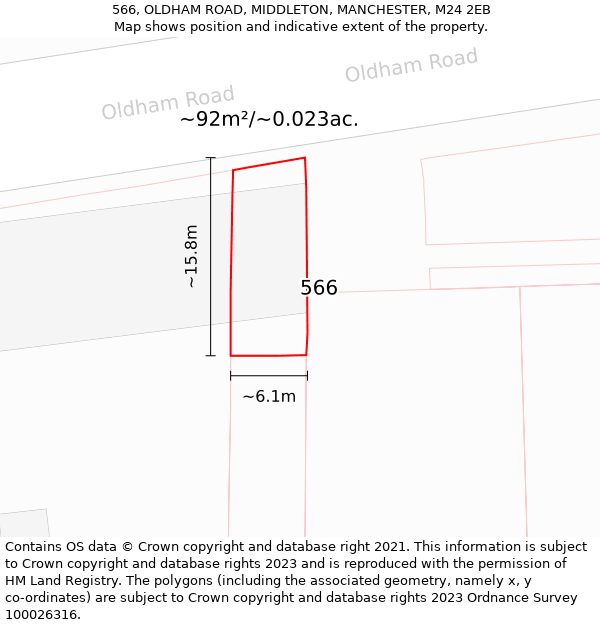 566, OLDHAM ROAD, MIDDLETON, MANCHESTER, M24 2EB: Plot and title map