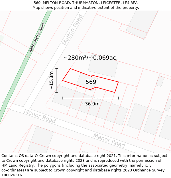 569, MELTON ROAD, THURMASTON, LEICESTER, LE4 8EA: Plot and title map