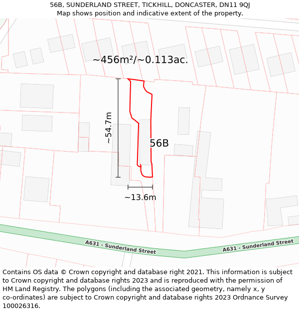 56B, SUNDERLAND STREET, TICKHILL, DONCASTER, DN11 9QJ: Plot and title map