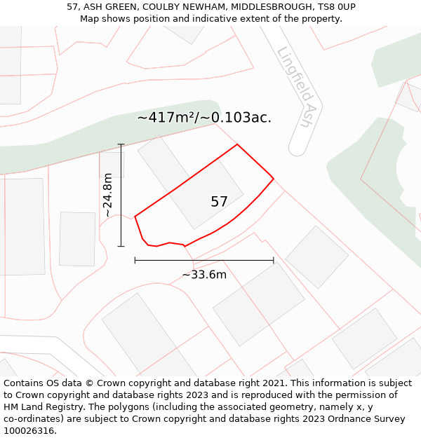 57, ASH GREEN, COULBY NEWHAM, MIDDLESBROUGH, TS8 0UP: Plot and title map