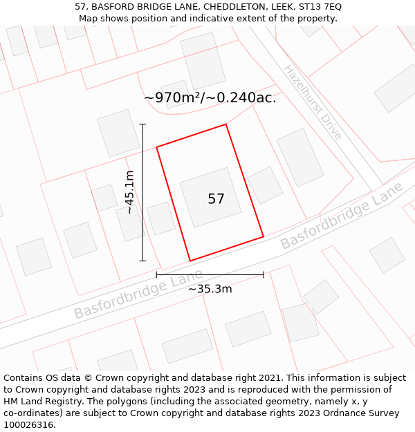 57, BASFORD BRIDGE LANE, CHEDDLETON, LEEK, ST13 7EQ: Plot and title map