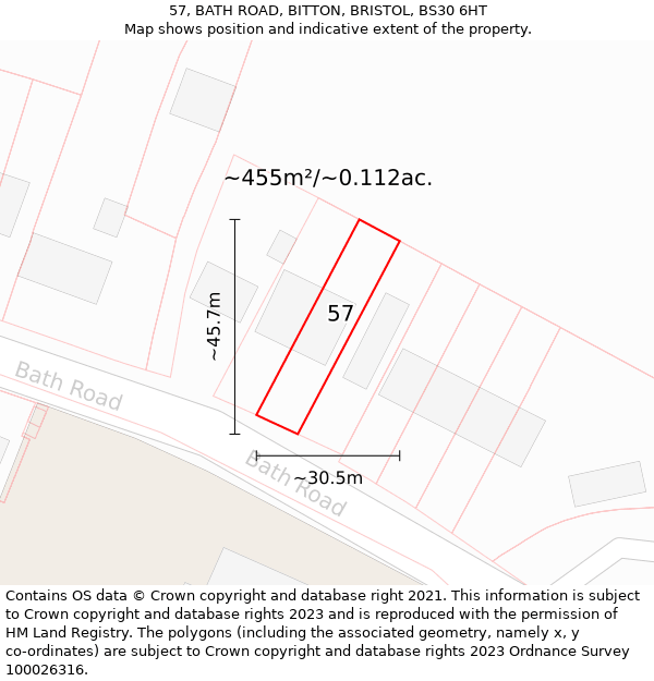 57, BATH ROAD, BITTON, BRISTOL, BS30 6HT: Plot and title map